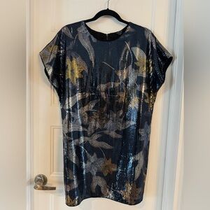 Marciano Navy Sequin Floral Short Sleeve Tunic with Gold Accents